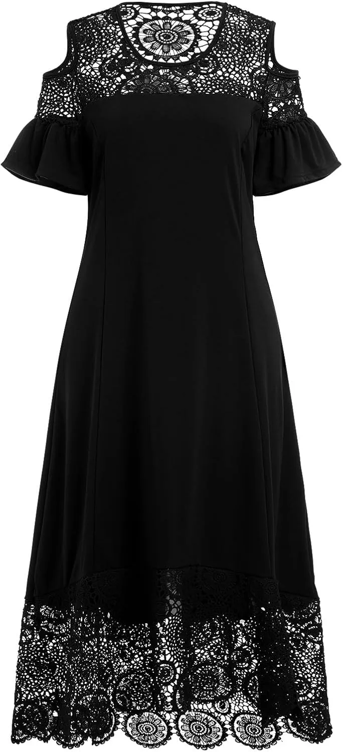 ODIZLI Women's Plus Size Short Sleeve Off-Shoulder Floral Lace Irregular Hemline Ruffle Midi Dress Party Dress