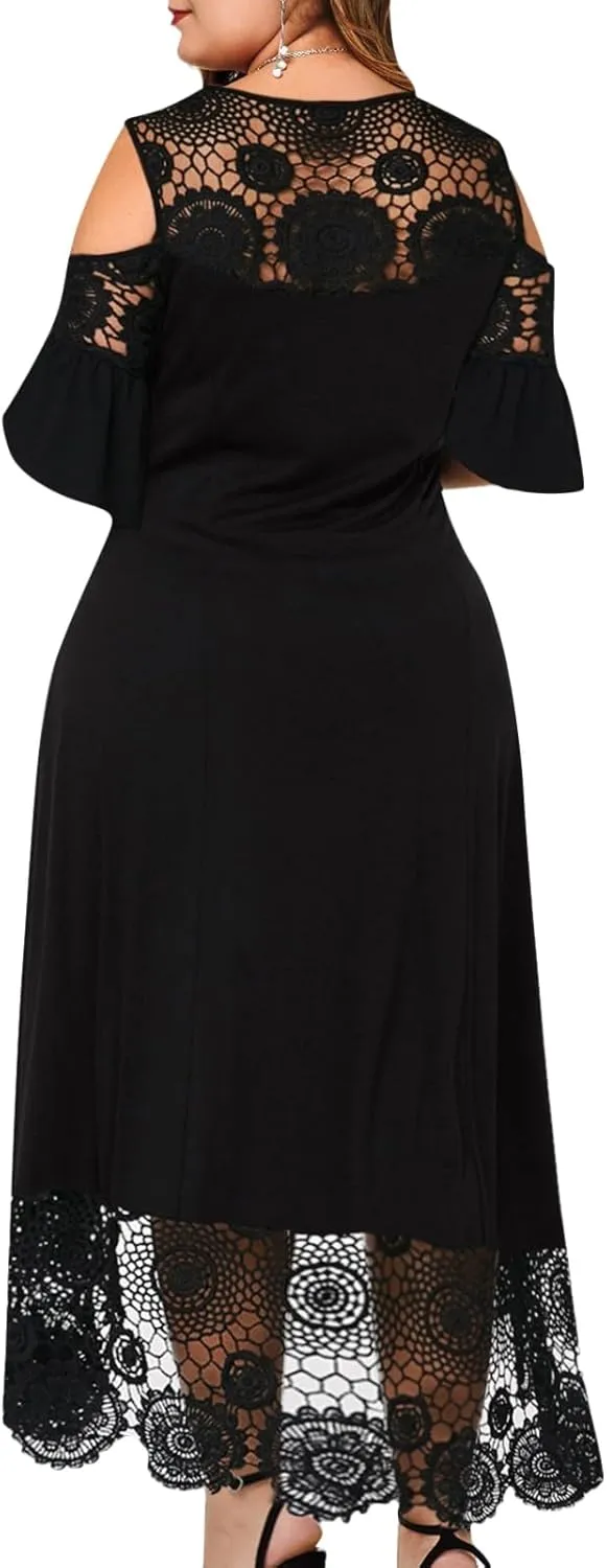ODIZLI Women's Plus Size Short Sleeve Off-Shoulder Floral Lace Irregular Hemline Ruffle Midi Dress Party Dress