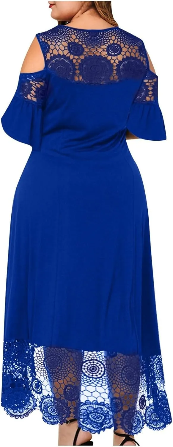 ODIZLI Women's Plus Size Short Sleeve Off-Shoulder Floral Lace Irregular Hemline Ruffle Midi Dress Party Dress