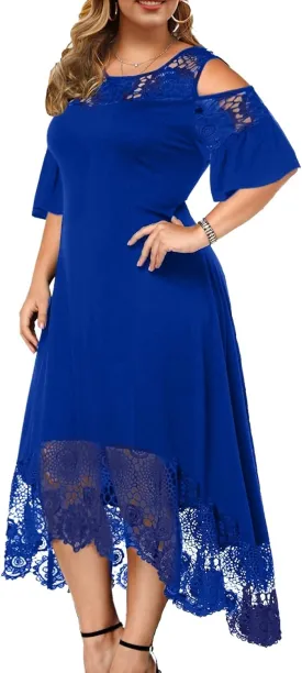 ODIZLI Women's Plus Size Short Sleeve Off-Shoulder Floral Lace Irregular Hemline Ruffle Midi Dress Party Dress