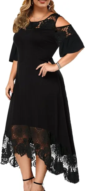 ODIZLI Women's Plus Size Short Sleeve Off-Shoulder Floral Lace Irregular Hemline Ruffle Midi Dress Party Dress