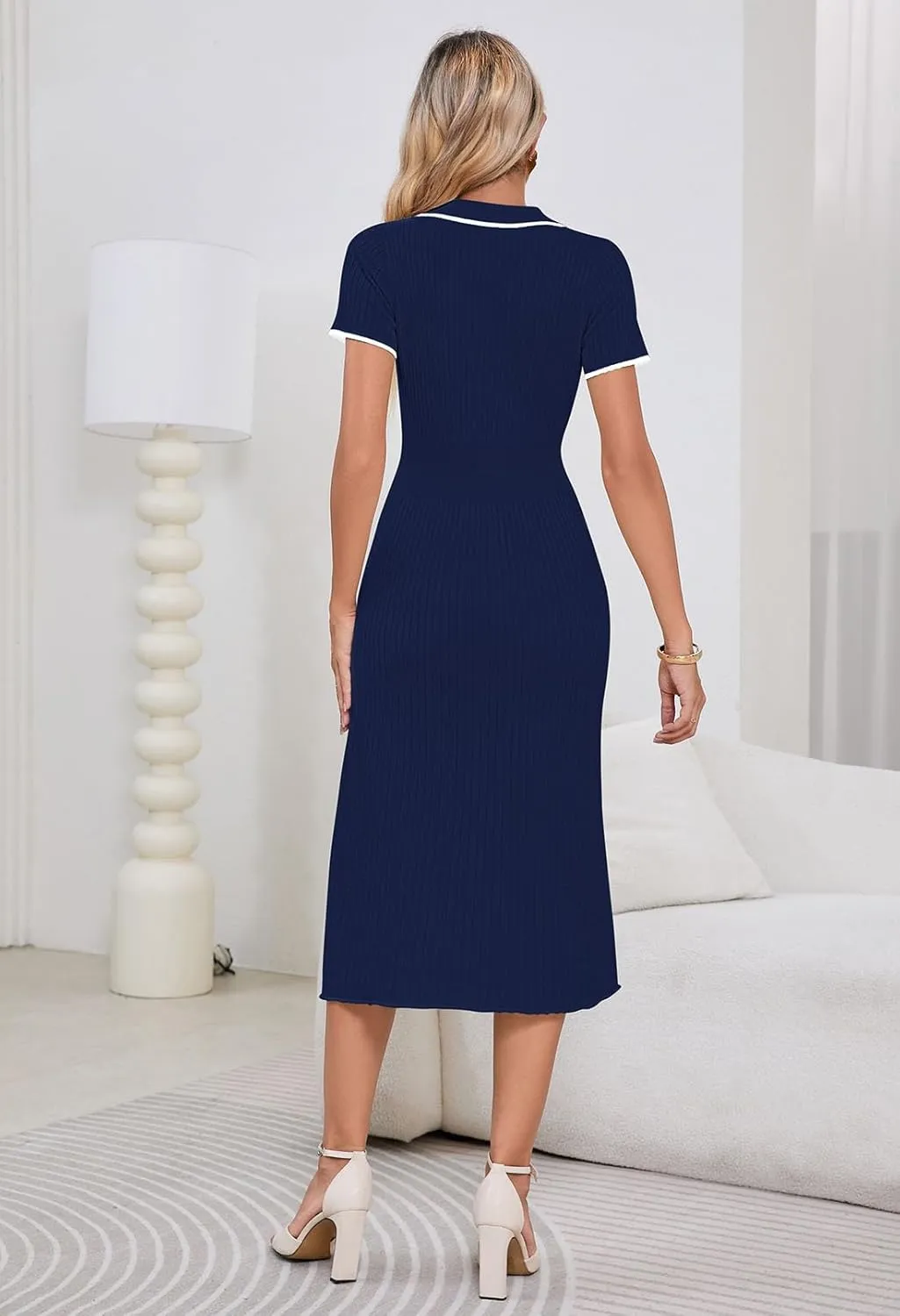 Pink Queen Women's Polo V Neck Short Sleeve Elegant High Waisted Bodycon Ribbed Swing Knit Midi Dresses