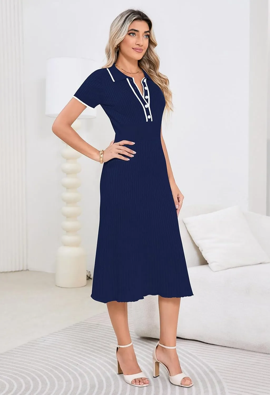 Pink Queen Women's Polo V Neck Short Sleeve Elegant High Waisted Bodycon Ribbed Swing Knit Midi Dresses