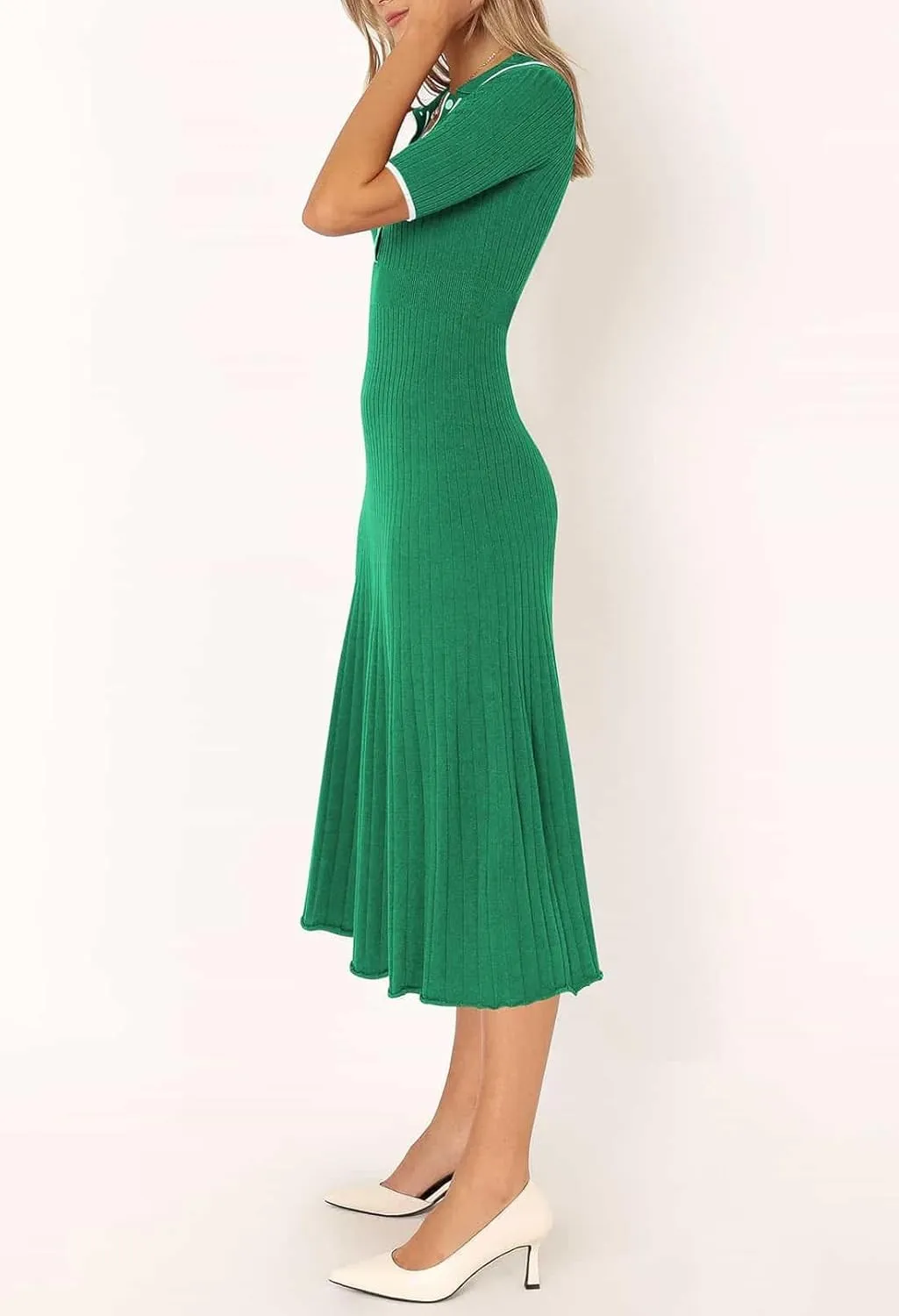 Pink Queen Women's Polo V Neck Short Sleeve Elegant High Waisted Bodycon Ribbed Swing Knit Midi Dresses