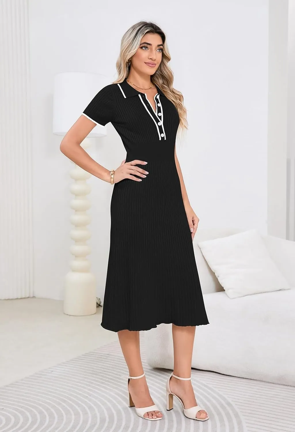 Pink Queen Women's Polo V Neck Short Sleeve Elegant High Waisted Bodycon Ribbed Swing Knit Midi Dresses