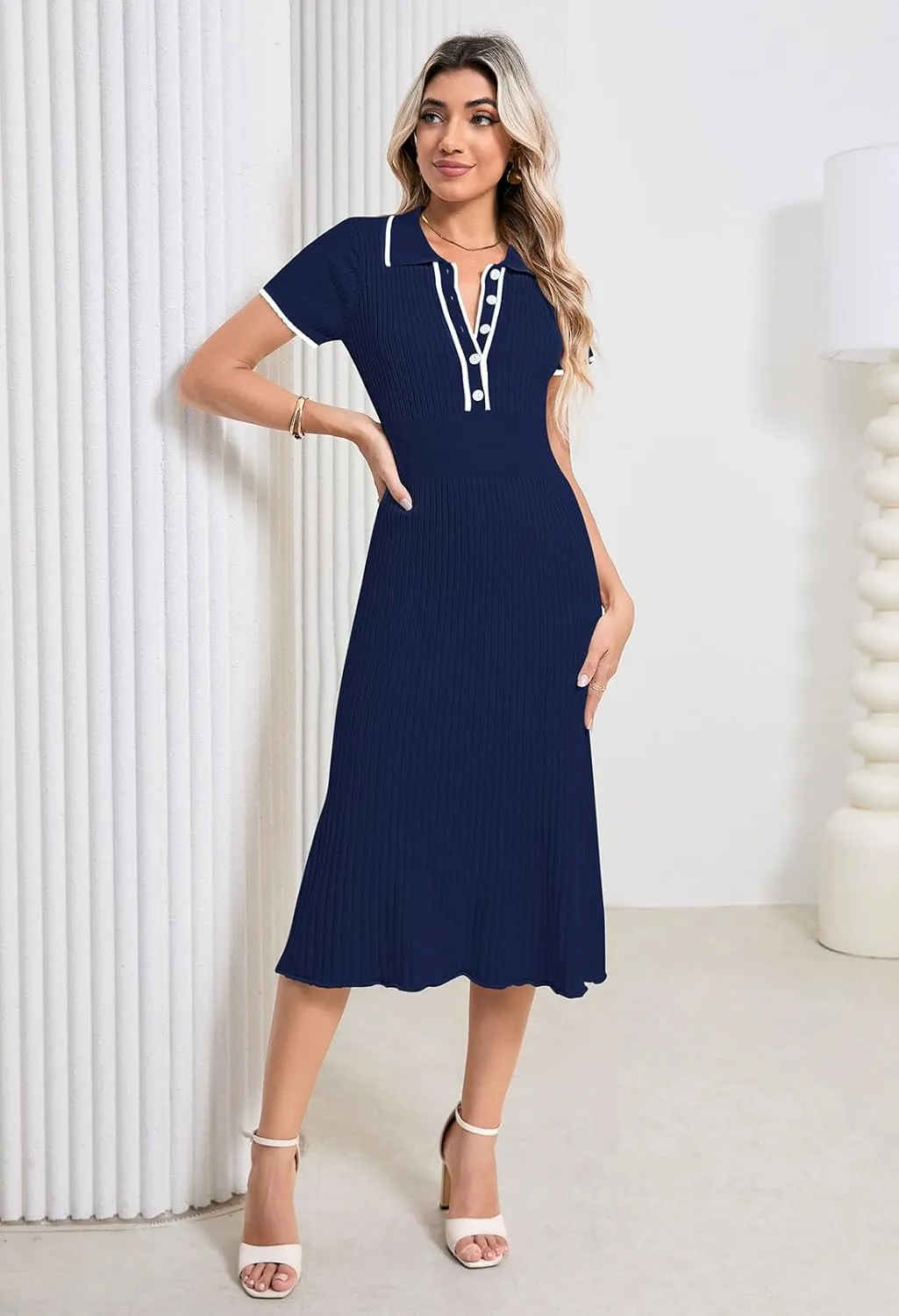 Pink Queen Women's Polo V Neck Short Sleeve Elegant High Waisted Bodycon Ribbed Swing Knit Midi Dresses