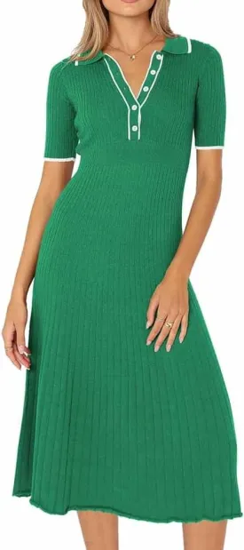 Pink Queen Women's Polo V Neck Short Sleeve Elegant High Waisted Bodycon Ribbed Swing Knit Midi Dresses