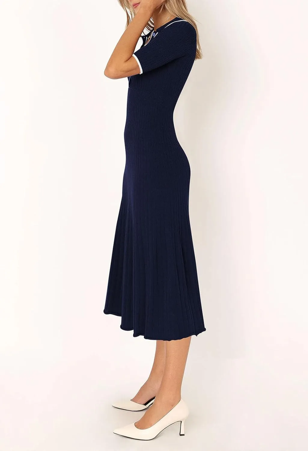 Pink Queen Women's Polo V Neck Short Sleeve Elegant High Waisted Bodycon Ribbed Swing Knit Midi Dresses
