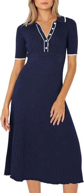 Pink Queen Women's Polo V Neck Short Sleeve Elegant High Waisted Bodycon Ribbed Swing Knit Midi Dresses