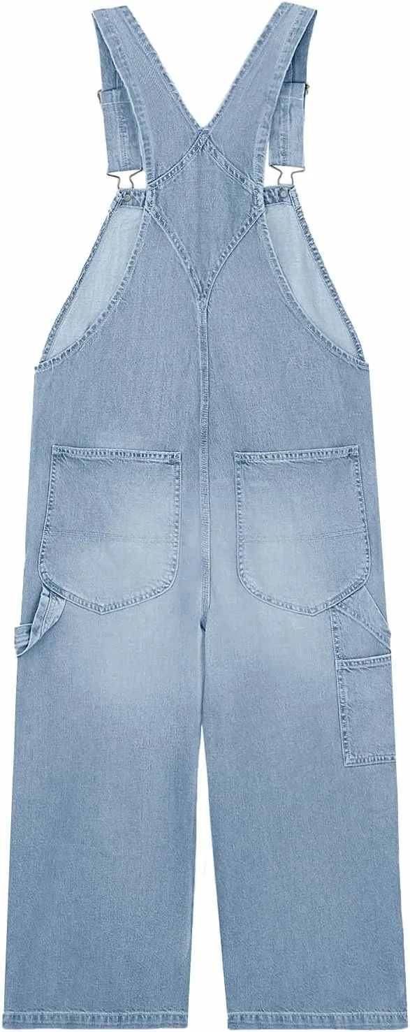 PLNOTME Womens Denim Overalls Casual Loose Fit Bib Adjustable Strap Wide Leg Capri Jean Jumpsuits