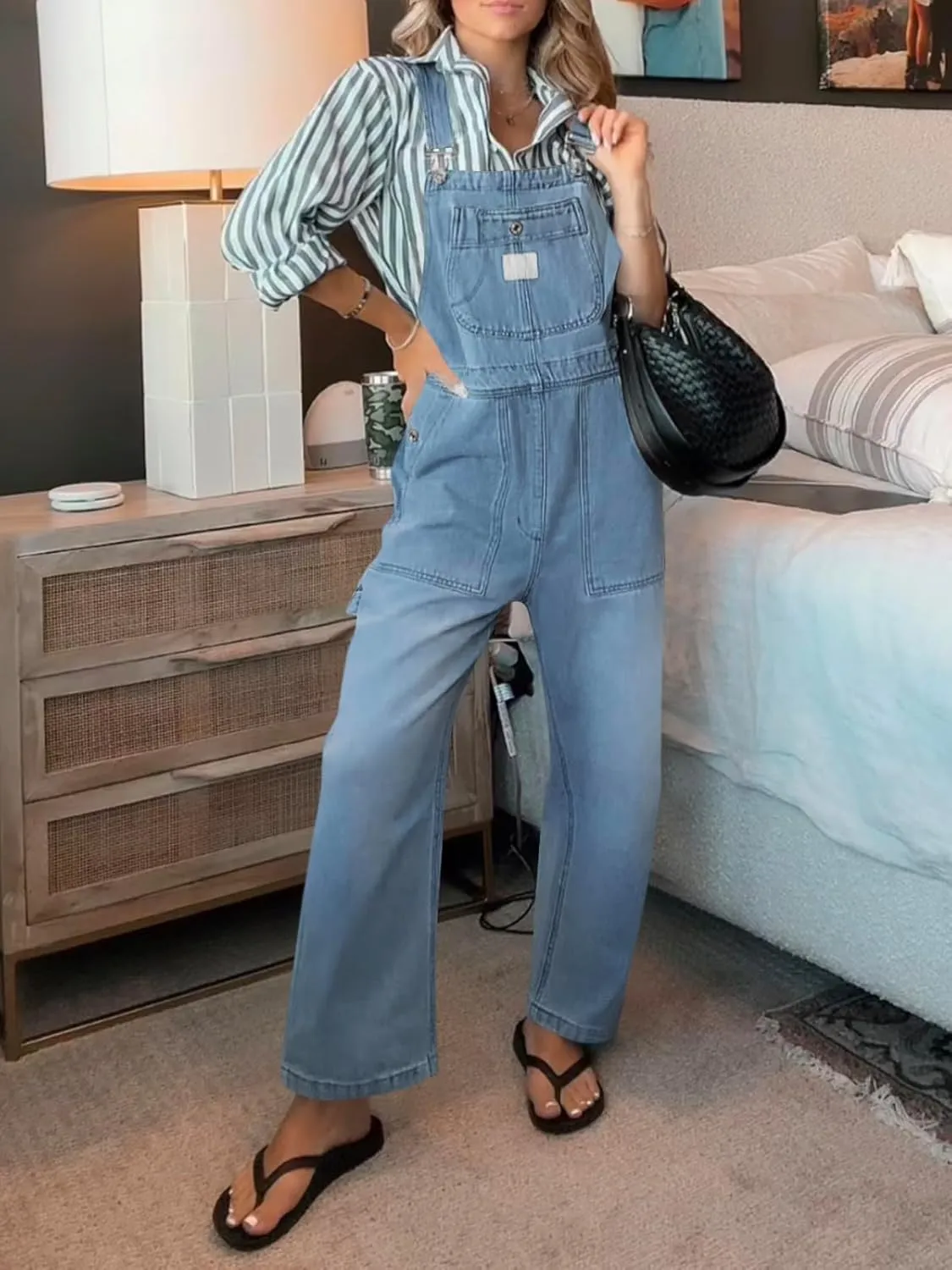 PLNOTME Womens Denim Overalls Casual Loose Fit Bib Adjustable Strap Wide Leg Capri Jean Jumpsuits