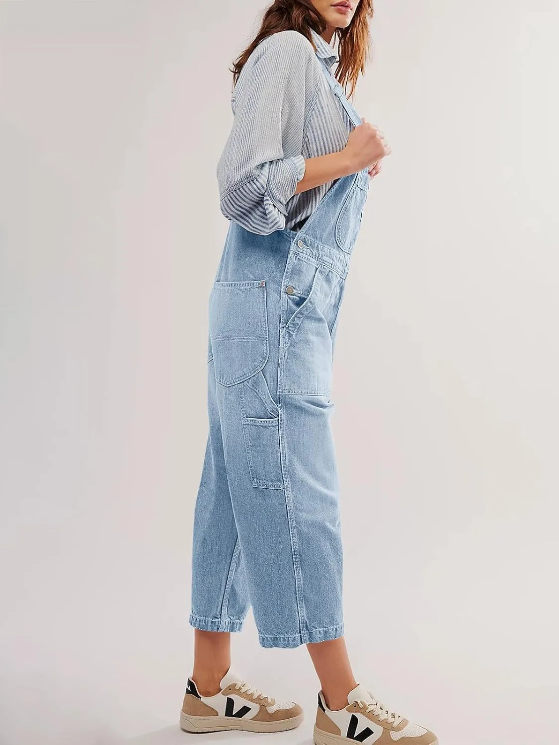 PLNOTME Womens Denim Overalls Casual Loose Fit Bib Adjustable Strap Wide Leg Capri Jean Jumpsuits