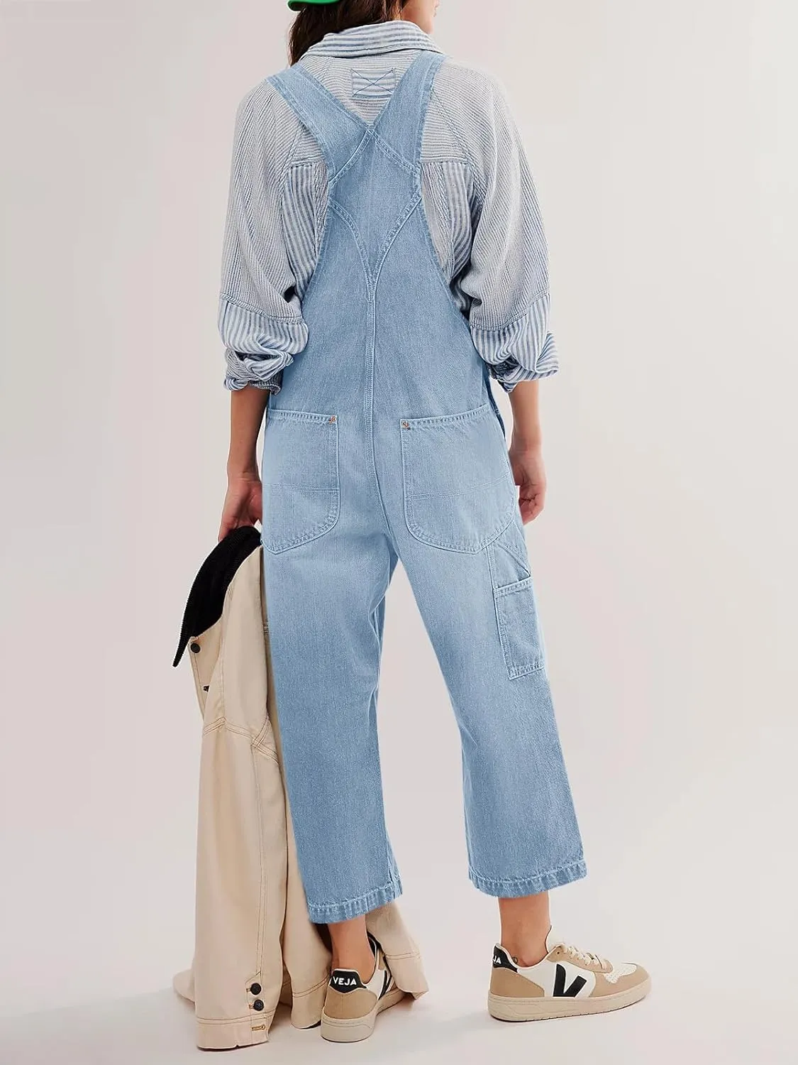 PLNOTME Womens Denim Overalls Casual Loose Fit Bib Adjustable Strap Wide Leg Capri Jean Jumpsuits