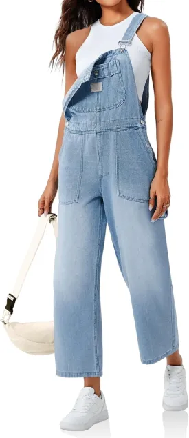 PLNOTME Womens Denim Overalls Casual Loose Fit Bib Adjustable Strap Wide Leg Capri Jean Jumpsuits