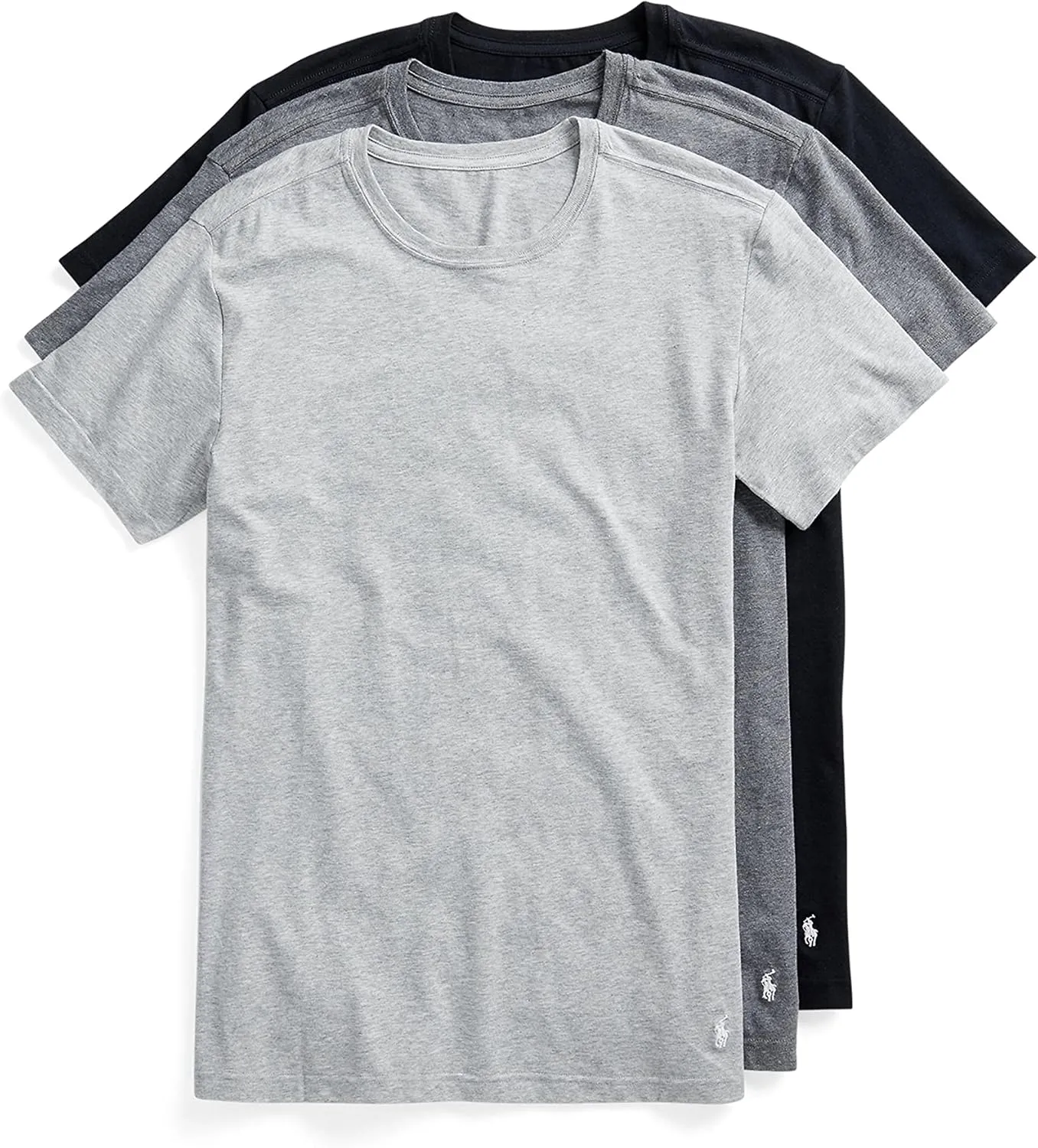 POLO Men's Slim Fit Stretch Crew Tee, Black/White, Charcoal Heather/White, Andover Heather/White-3 Pack, Small