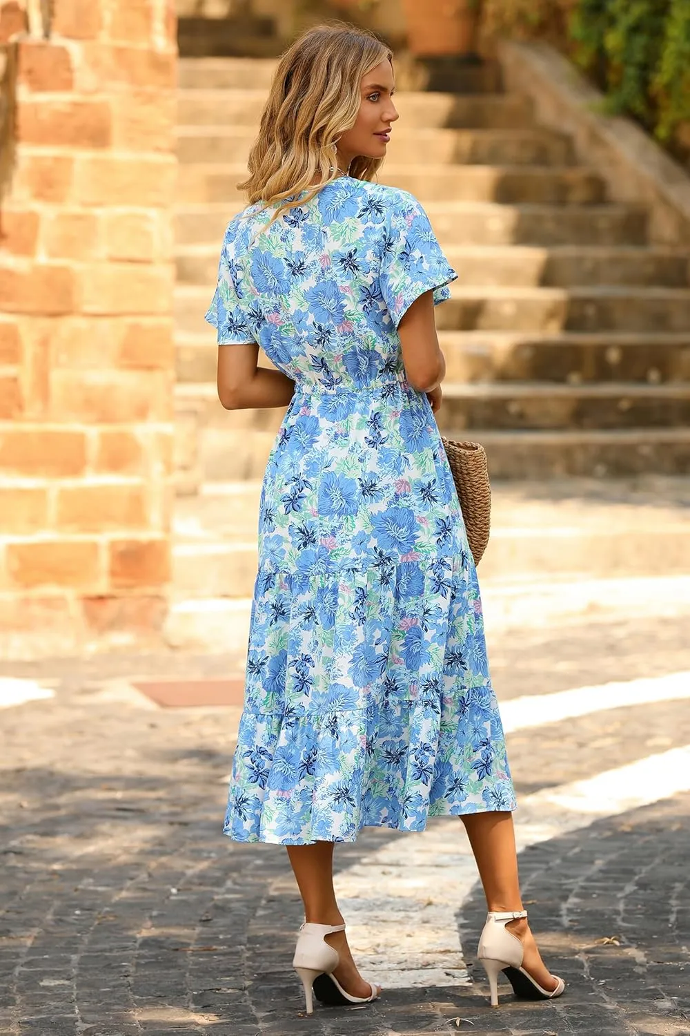 PRETTYGARDEN Summer Floral Dress for Women 2025 Casual Boho Short Sleeve Maxi Dresses V Neck Tiered Flowy Beach Sundress