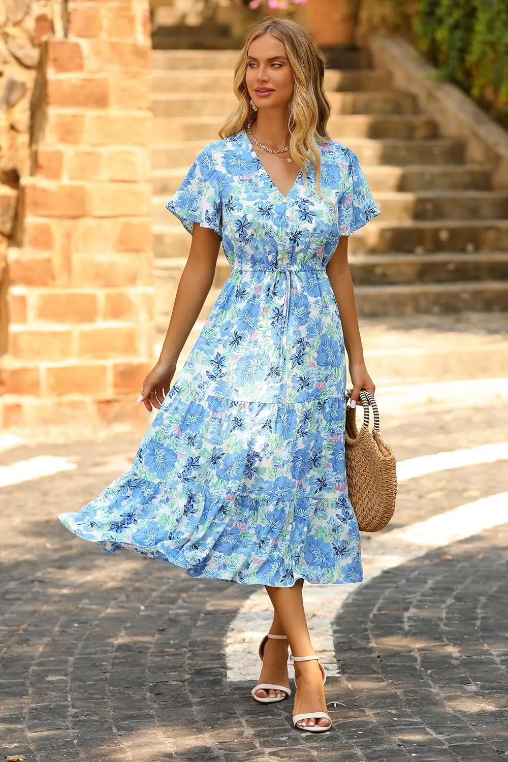 PRETTYGARDEN Summer Floral Dress for Women 2025 Casual Boho Short Sleeve Maxi Dresses V Neck Tiered Flowy Beach Sundress