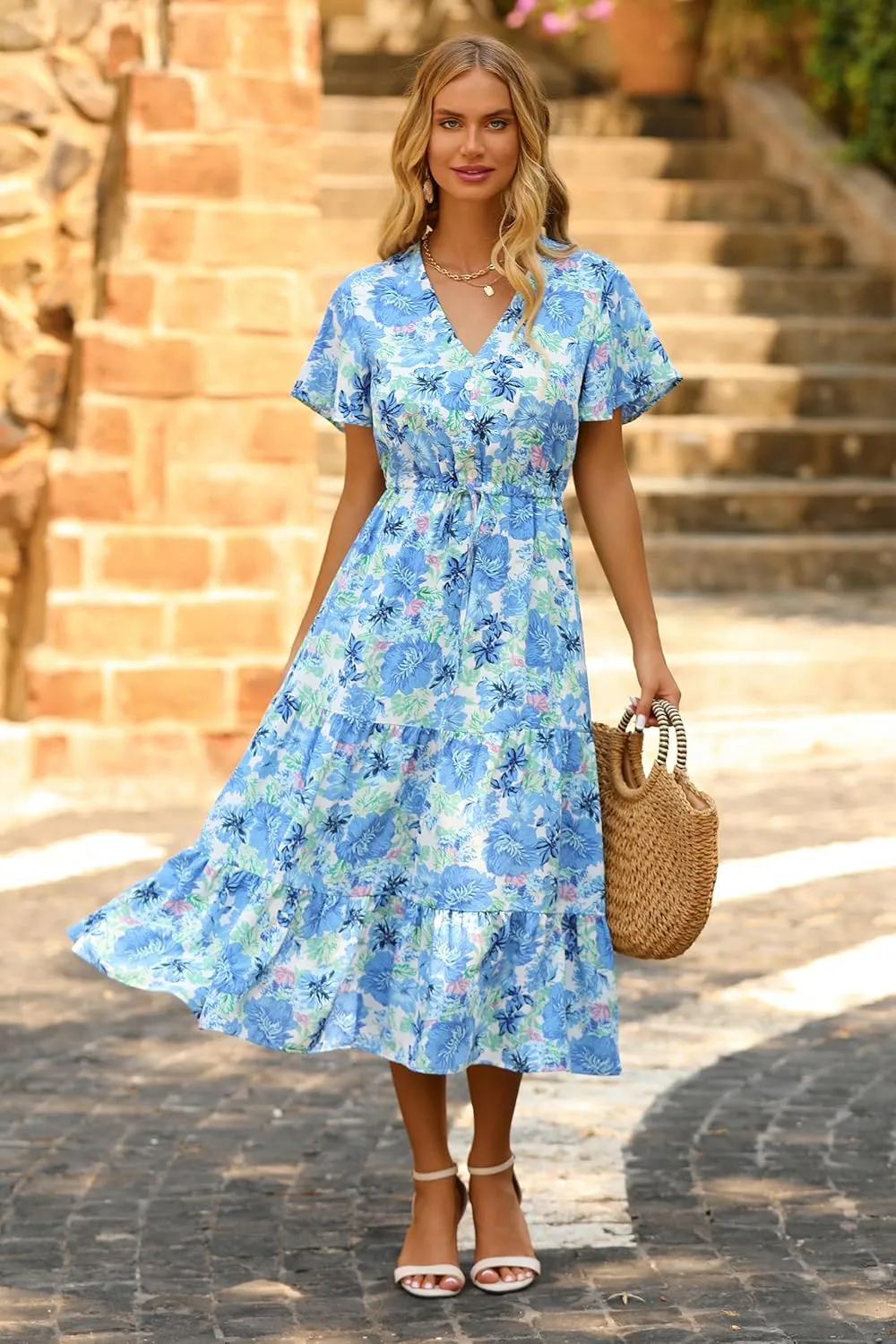 PRETTYGARDEN Summer Floral Dress for Women 2025 Casual Boho Short Sleeve Maxi Dresses V Neck Tiered Flowy Beach Sundress