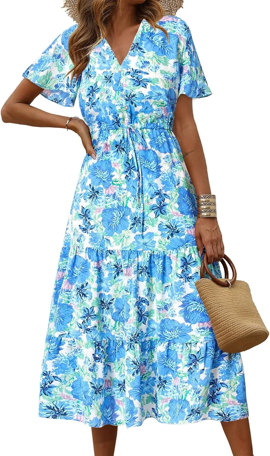 PRETTYGARDEN Summer Floral Dress for Women 2025 Casual Boho Short Sleeve Maxi Dresses V Neck Tiered Flowy Beach Sundress