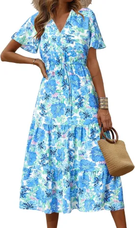 PRETTYGARDEN Summer Floral Dress for Women 2025 Casual Boho Short Sleeve Maxi Dresses V Neck Tiered Flowy Beach Sundress