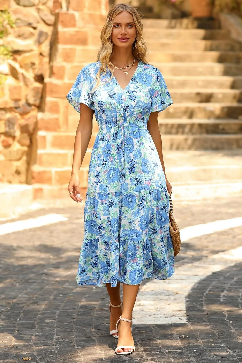 PRETTYGARDEN Summer Floral Dress for Women 2025 Casual Boho Short Sleeve Maxi Dresses V Neck Tiered Flowy Beach Sundress