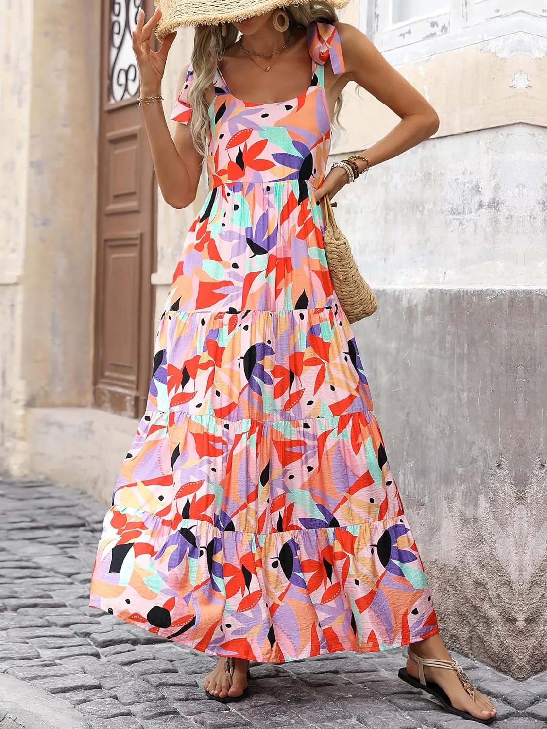 PRETTYGARDEN Women Dresses 2025 Summer Floral Sleeveless Maxi Dress Casual Spaghetti Strap Tiered Flowy Beach Long Dress