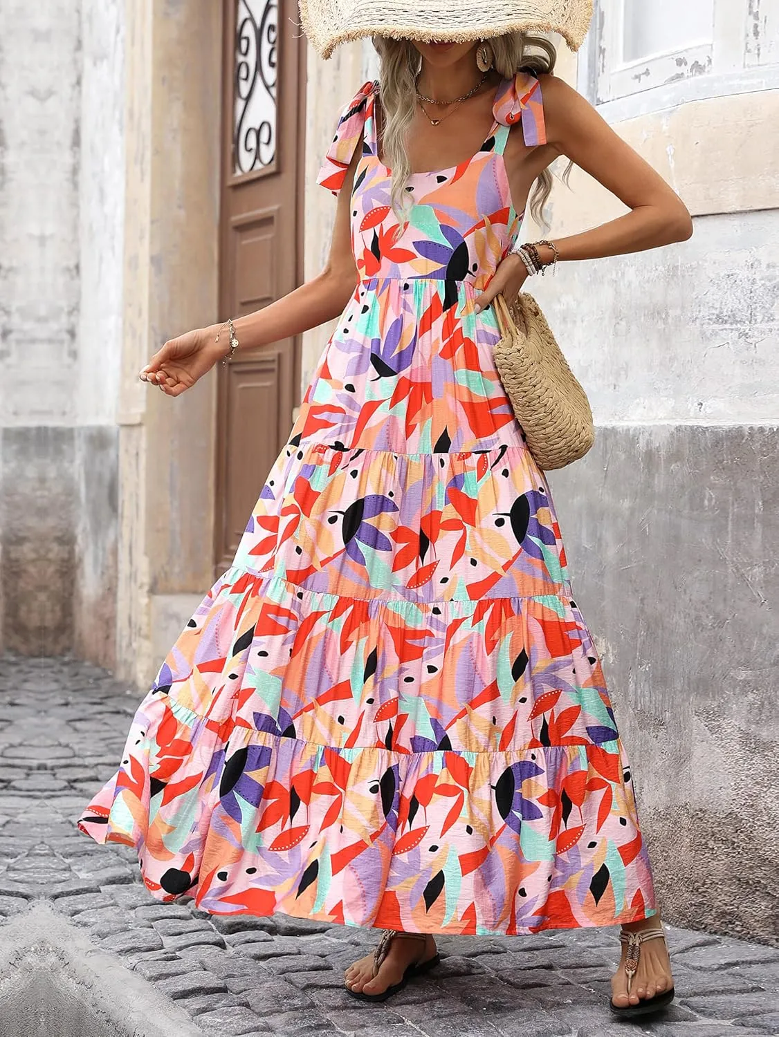 PRETTYGARDEN Women Dresses 2025 Summer Floral Sleeveless Maxi Dress Casual Spaghetti Strap Tiered Flowy Beach Long Dress