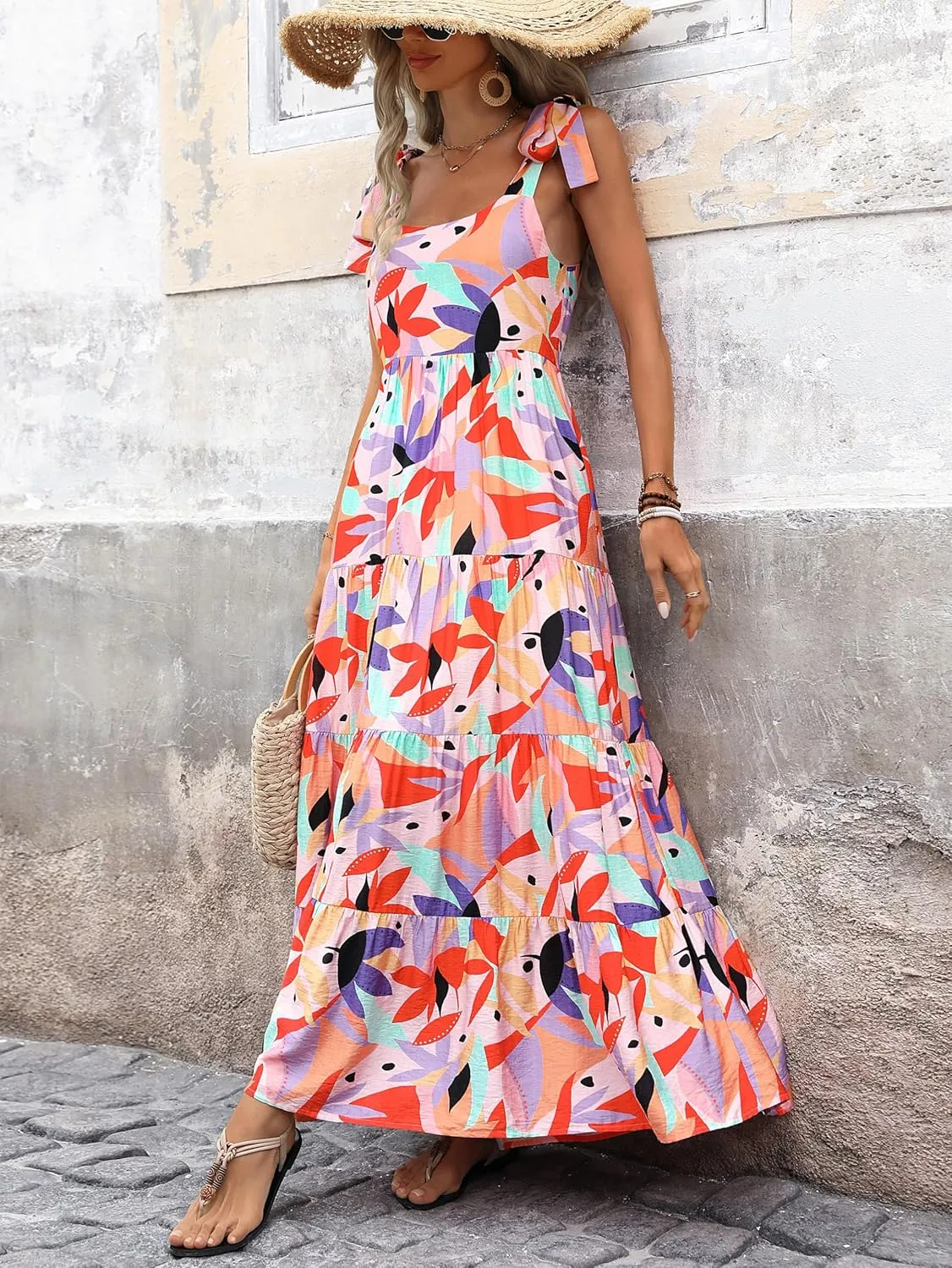 PRETTYGARDEN Women Dresses 2025 Summer Floral Sleeveless Maxi Dress Casual Spaghetti Strap Tiered Flowy Beach Long Dress