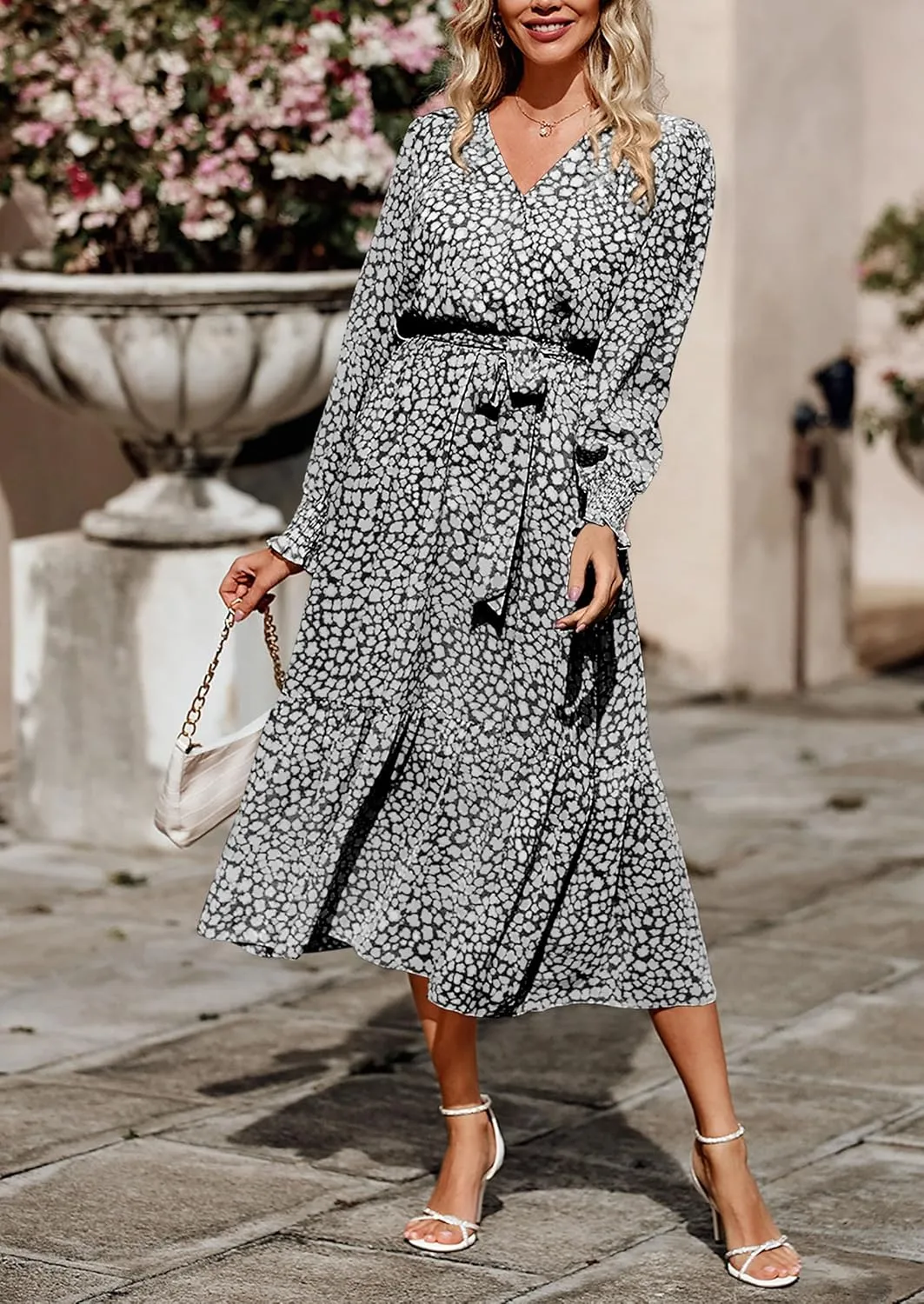 PRETTYGARDEN Women's Floral Print Boho Dress Long Sleeve Wrap V Neck Ruffle Belted A-Line Flowy Maxi Dresses