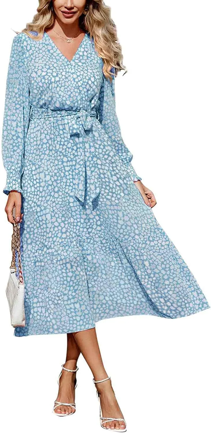 PRETTYGARDEN Women's Floral Print Boho Dress Long Sleeve Wrap V Neck Ruffle Belted A-Line Flowy Maxi Dresses