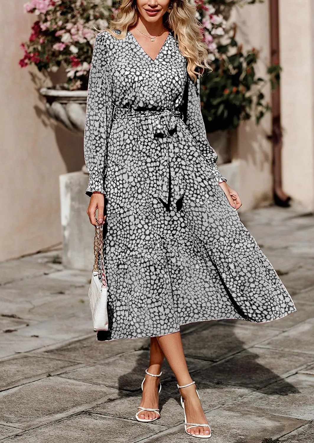 PRETTYGARDEN Women's Floral Print Boho Dress Long Sleeve Wrap V Neck Ruffle Belted A-Line Flowy Maxi Dresses