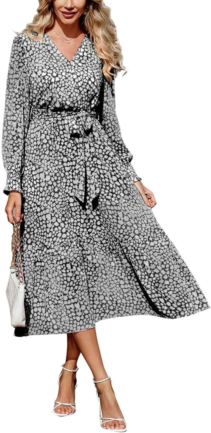 PRETTYGARDEN Women's Floral Print Boho Dress Long Sleeve Wrap V Neck Ruffle Belted A-Line Flowy Maxi Dresses