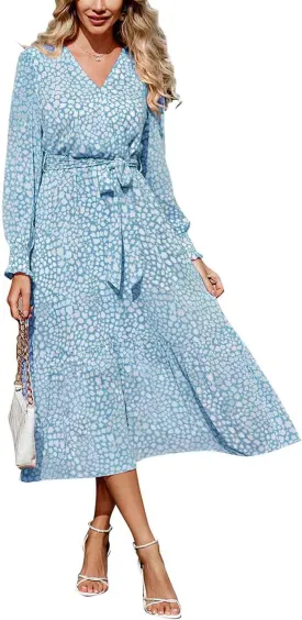 PRETTYGARDEN Women's Floral Print Boho Dress Long Sleeve Wrap V Neck Ruffle Belted A-Line Flowy Maxi Dresses