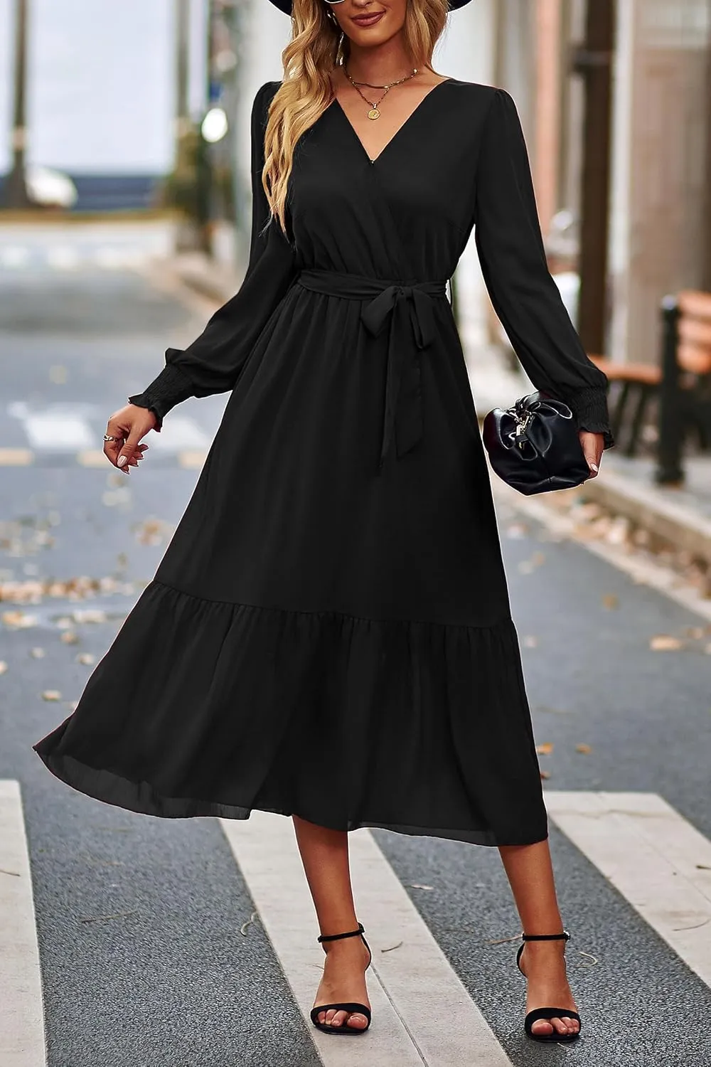 PRETTYGARDEN Women's Floral Print Boho Dress Long Sleeve Wrap V Neck Ruffle Belted A-Line Flowy Maxi Dresses