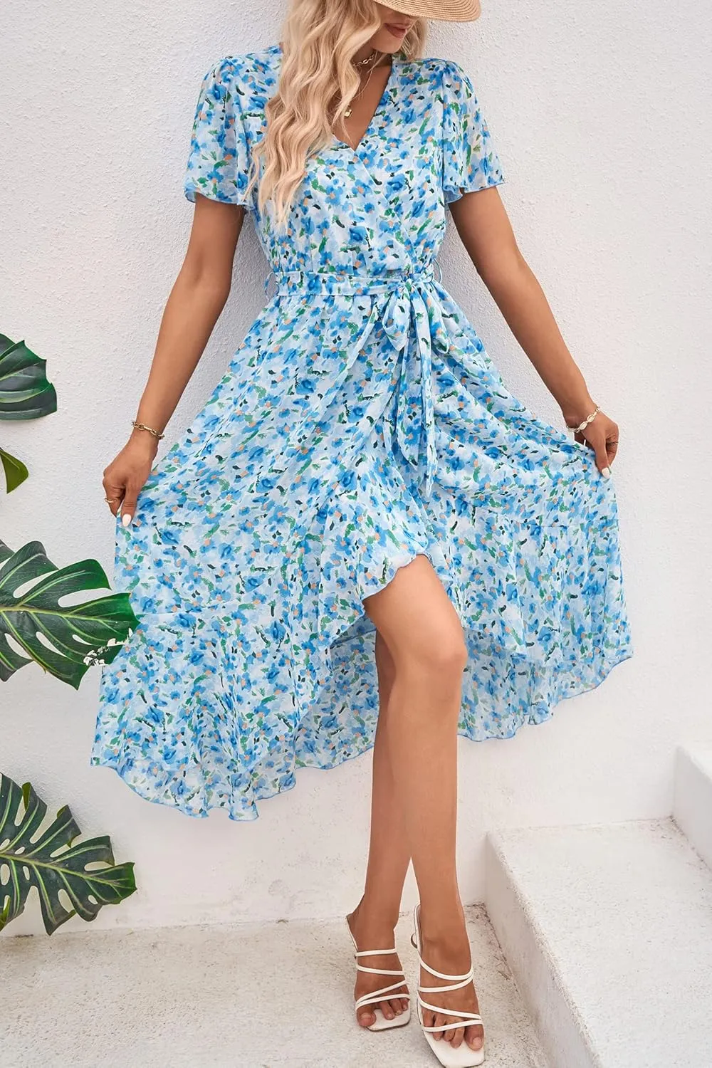 PRETTYGARDEN Women's Summer Floral Boho Maxi Dress Wrap Short Sleeve V Neck Ruffle A-Line Flowy Wedding Guest Long Dresses