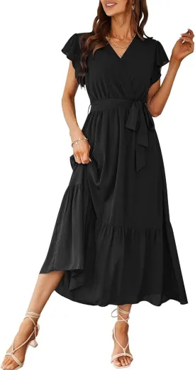 PRETTYGARDEN Women's Summer Floral Boho Maxi Dress Wrap Short Sleeve V Neck Ruffle A-Line Flowy Wedding Guest Long Dresses