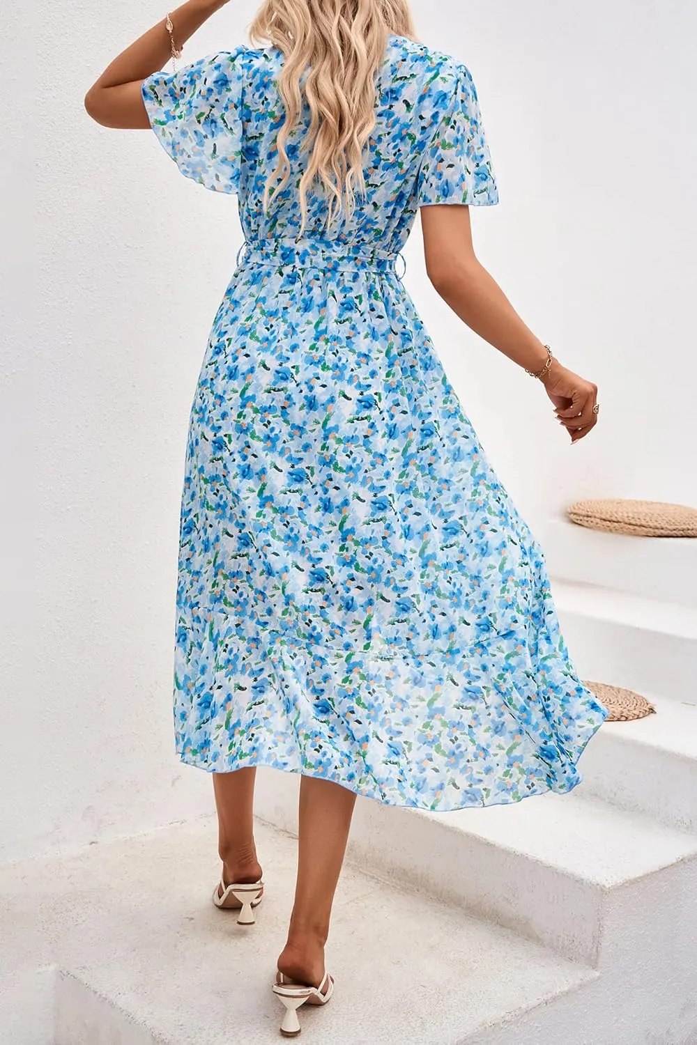 PRETTYGARDEN Women's Summer Floral Boho Maxi Dress Wrap Short Sleeve V Neck Ruffle A-Line Flowy Wedding Guest Long Dresses