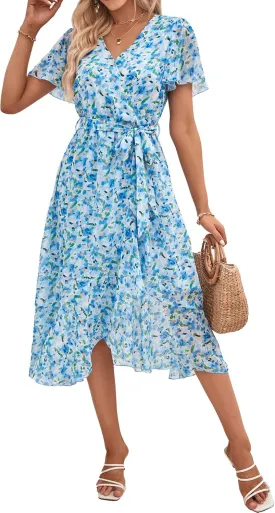 PRETTYGARDEN Women's Summer Floral Boho Maxi Dress Wrap Short Sleeve V Neck Ruffle A-Line Flowy Wedding Guest Long Dresses