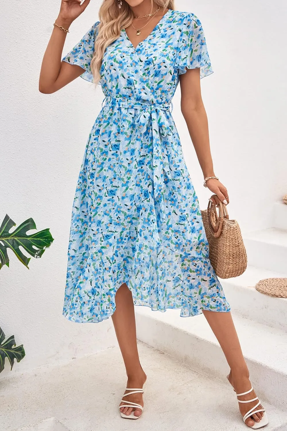 PRETTYGARDEN Women's Summer Floral Boho Maxi Dress Wrap Short Sleeve V Neck Ruffle A-Line Flowy Wedding Guest Long Dresses