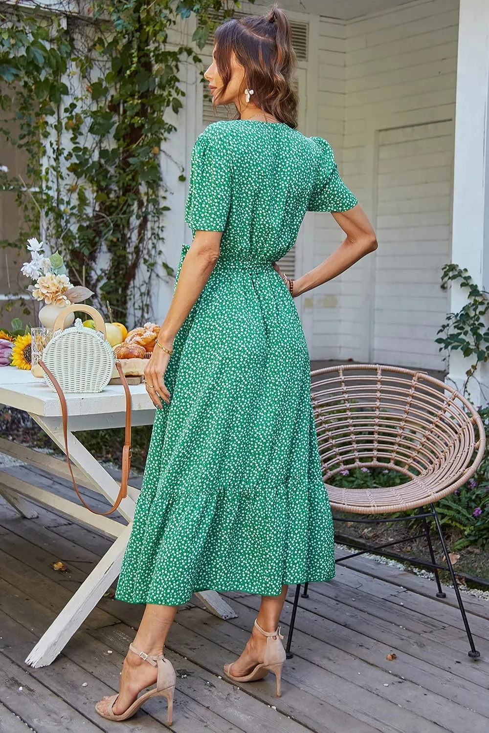 PRETTYGARDEN Women's Summer Floral Boho Maxi Dress Wrap Short Sleeve V Neck Ruffle A-Line Flowy Wedding Guest Long Dresses