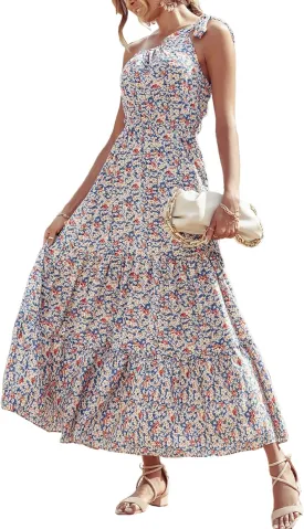 PRETTYGARDEN Women's Summer Floral One Shoulder Maxi Dress Knot Ruffle Boho Beach Vacation Wedding Guest Long Dresses