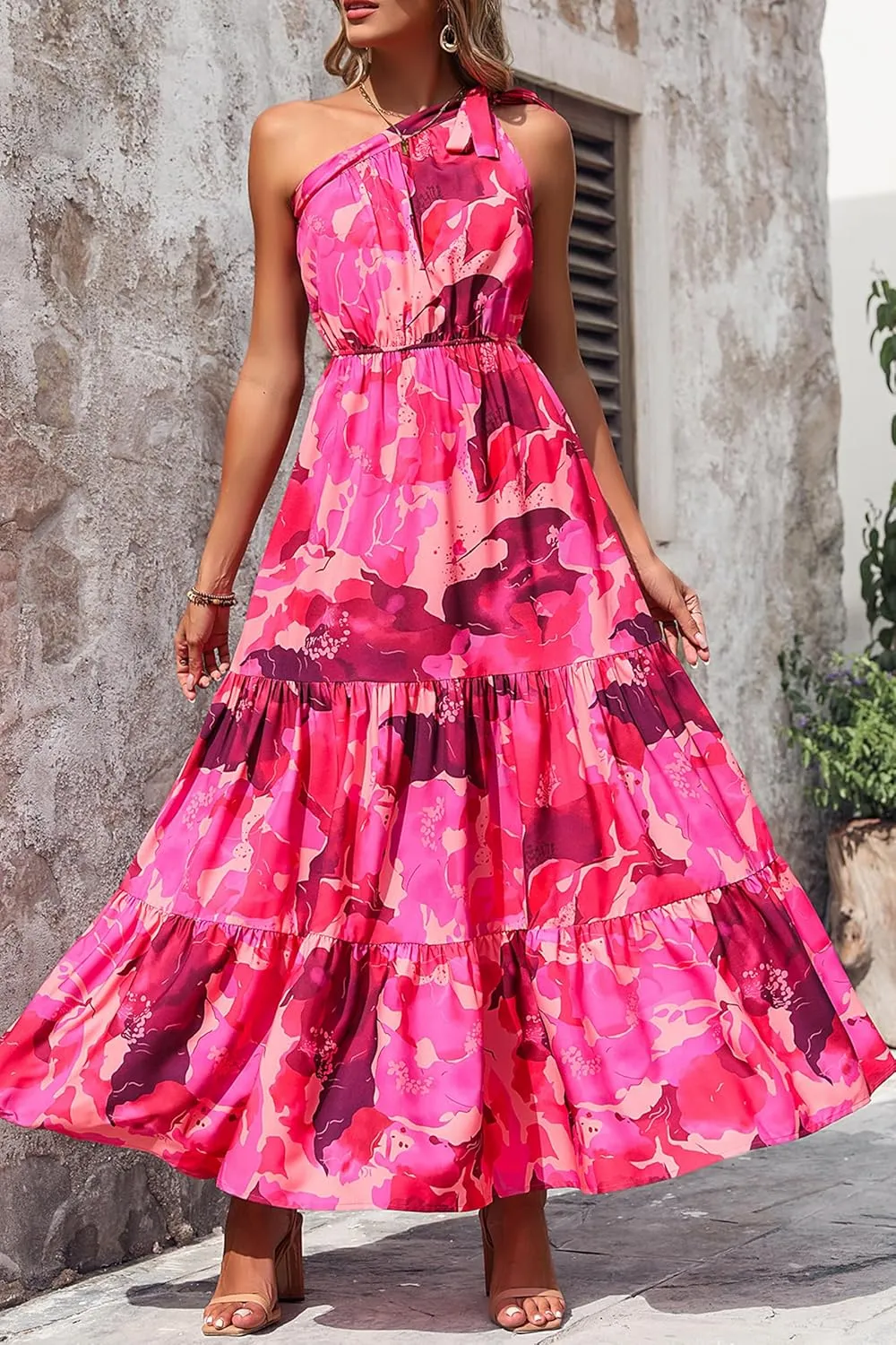 PRETTYGARDEN Women's Summer Floral One Shoulder Maxi Dress Knot Ruffle Boho Beach Vacation Wedding Guest Long Dresses