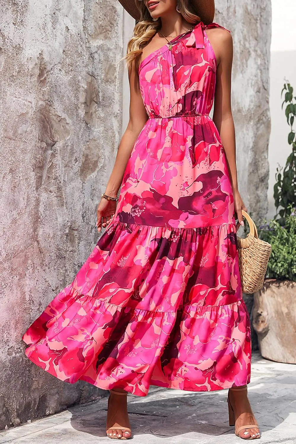 PRETTYGARDEN Women's Summer Floral One Shoulder Maxi Dress Knot Ruffle Boho Beach Vacation Wedding Guest Long Dresses