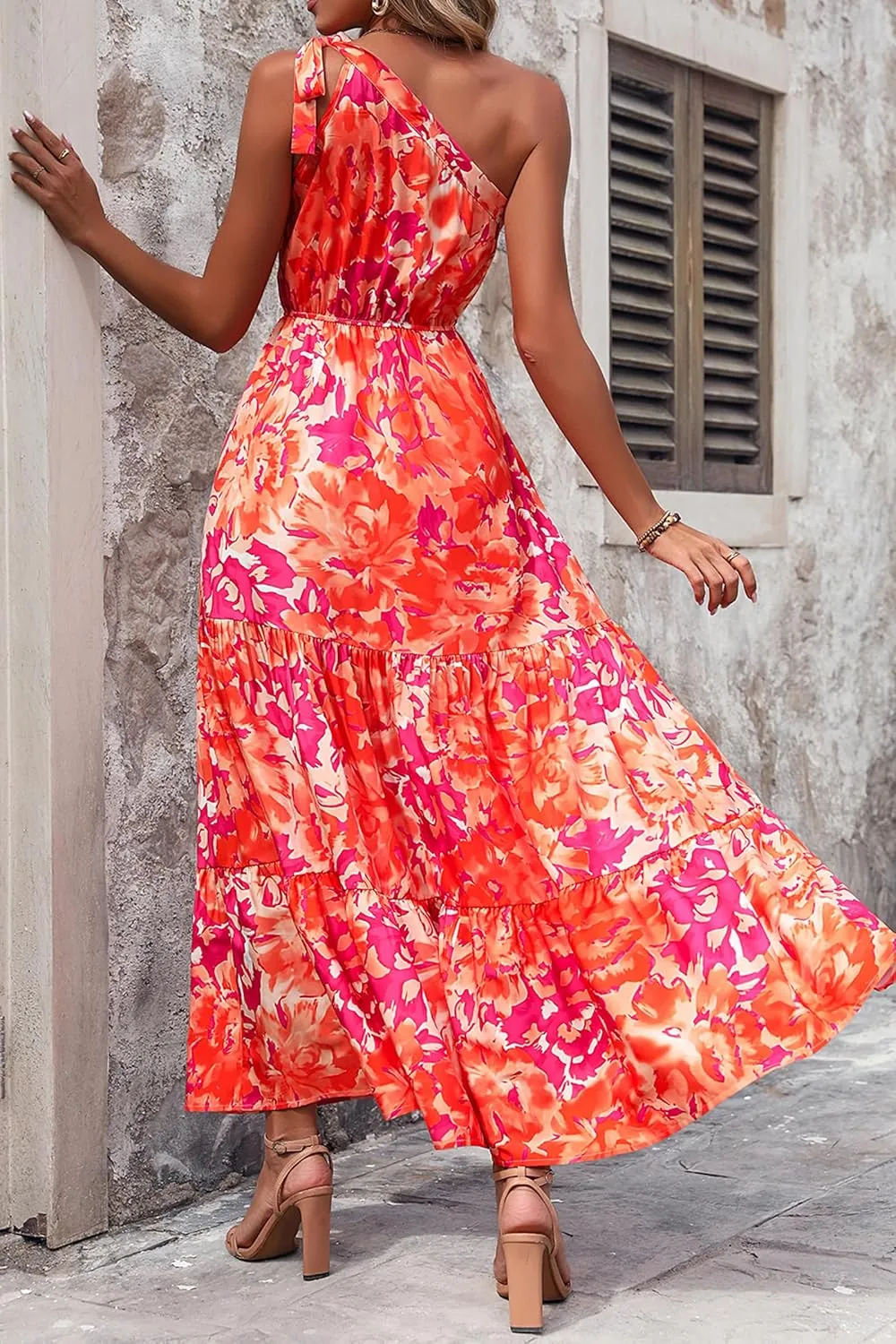 PRETTYGARDEN Women's Summer Floral One Shoulder Maxi Dress Knot Ruffle Boho Beach Vacation Wedding Guest Long Dresses