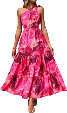 PRETTYGARDEN Women's Summer Floral One Shoulder Maxi Dress Knot Ruffle Boho Beach Vacation Wedding Guest Long Dresses