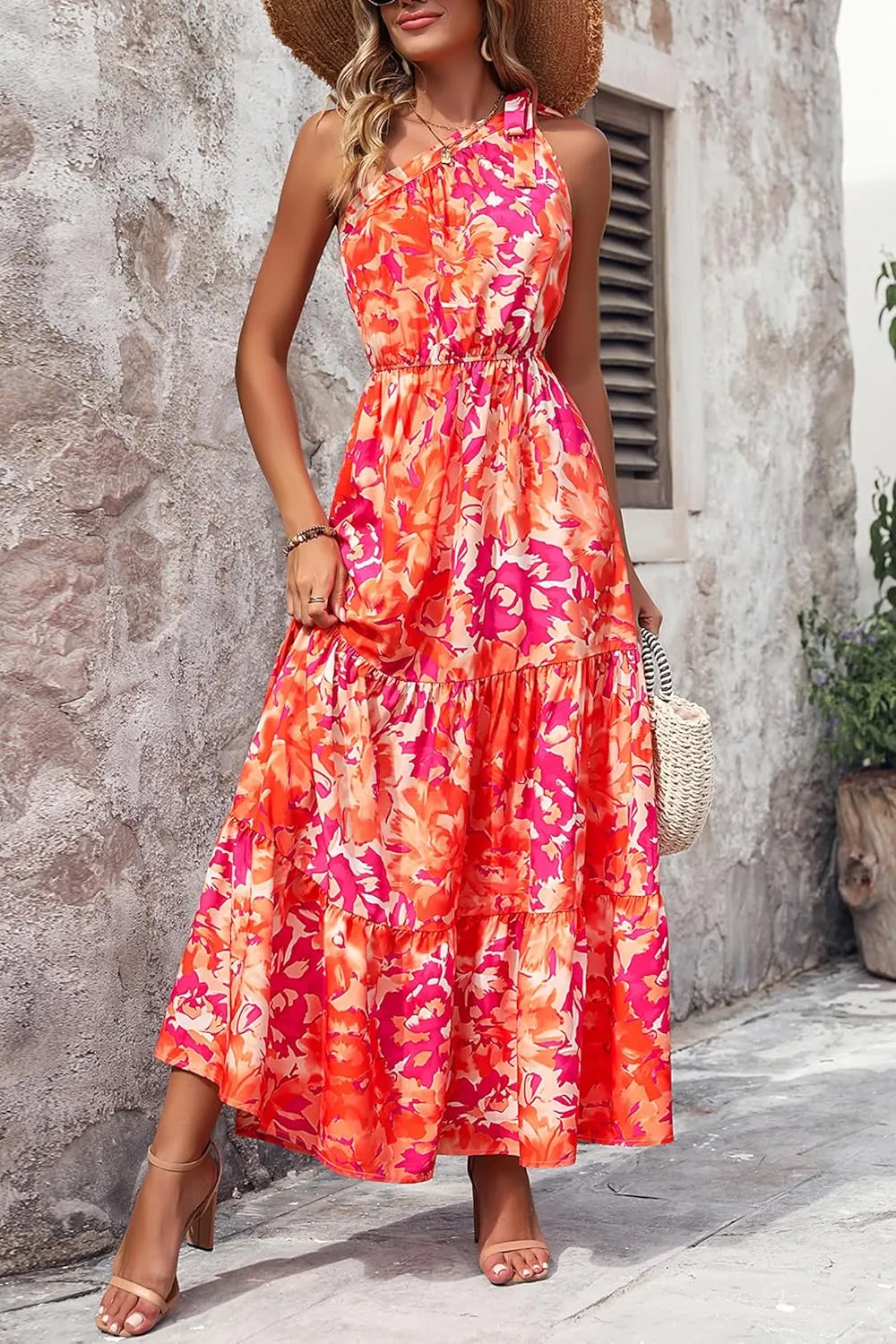 PRETTYGARDEN Women's Summer Floral One Shoulder Maxi Dress Knot Ruffle Boho Beach Vacation Wedding Guest Long Dresses