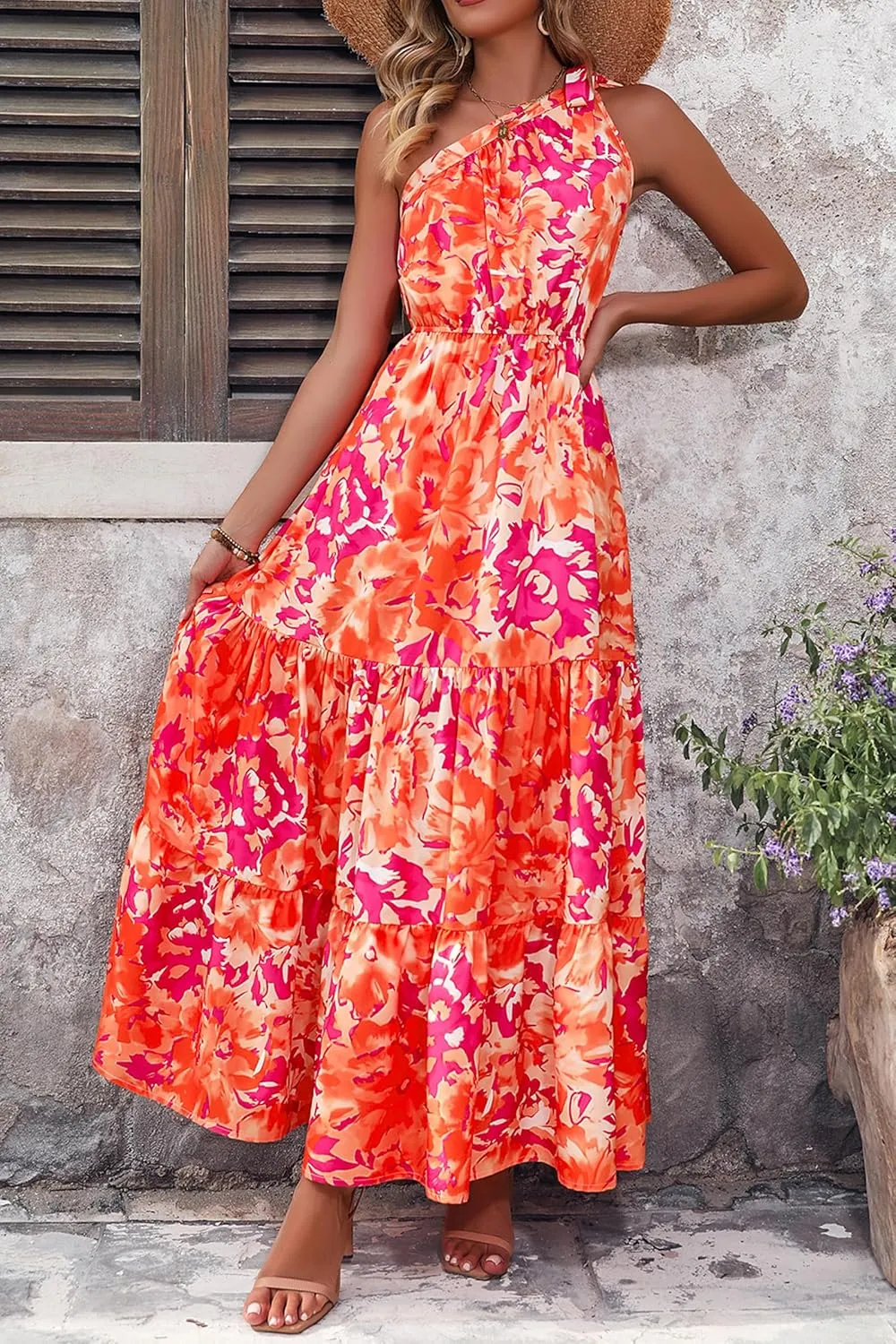 PRETTYGARDEN Women's Summer Floral One Shoulder Maxi Dress Knot Ruffle Boho Beach Vacation Wedding Guest Long Dresses
