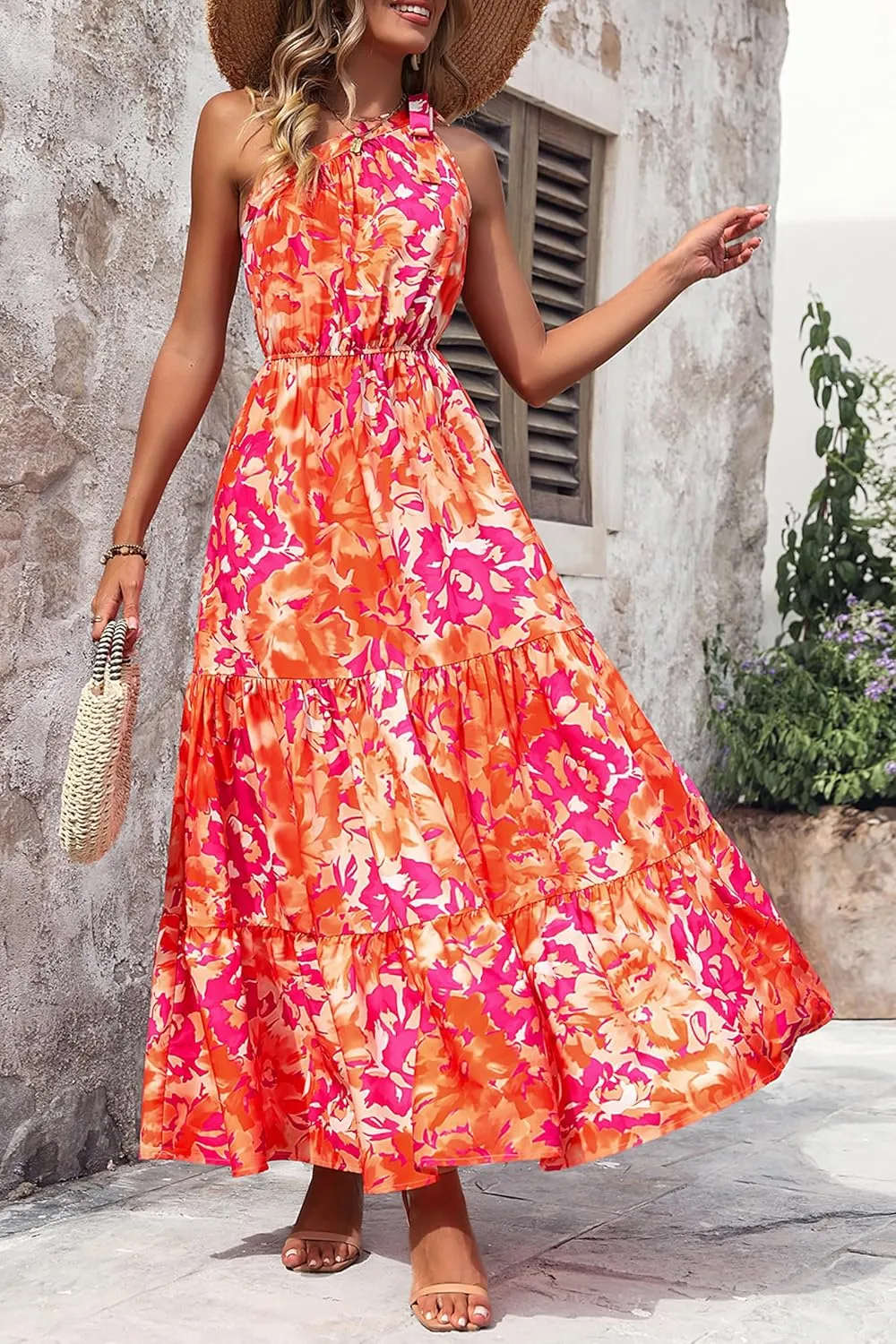 PRETTYGARDEN Women's Summer Floral One Shoulder Maxi Dress Knot Ruffle Boho Beach Vacation Wedding Guest Long Dresses