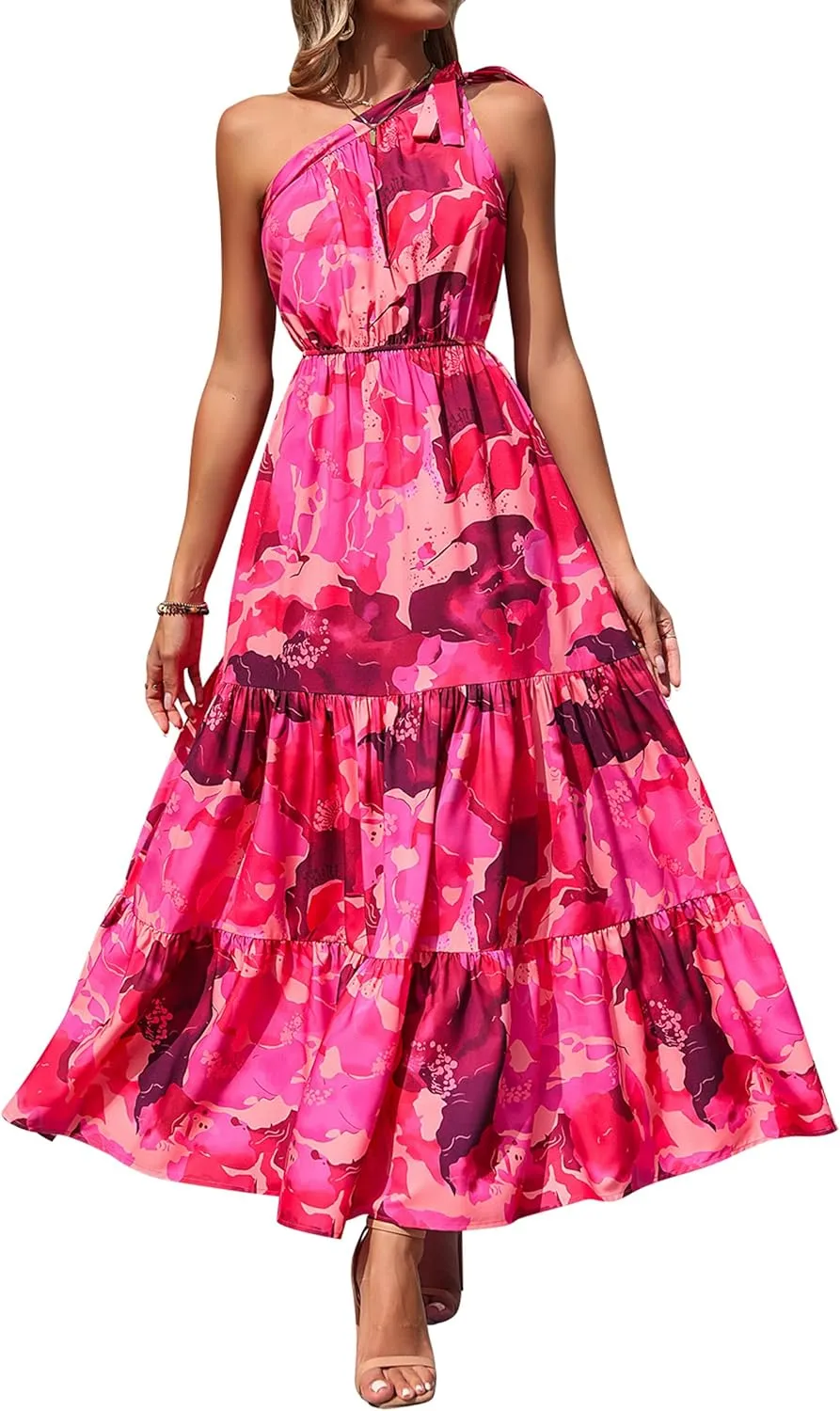 PRETTYGARDEN Women's Summer Floral One Shoulder Maxi Dress Knot Ruffle Boho Beach Vacation Wedding Guest Long Dresses