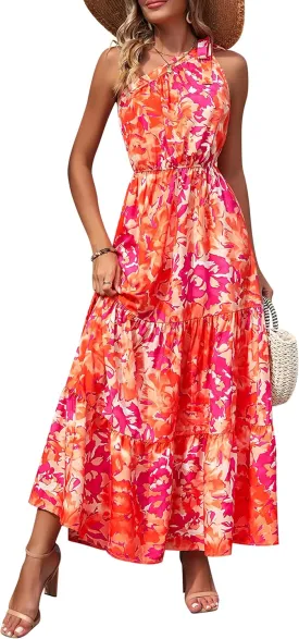 PRETTYGARDEN Women's Summer Floral One Shoulder Maxi Dress Knot Ruffle Boho Beach Vacation Wedding Guest Long Dresses